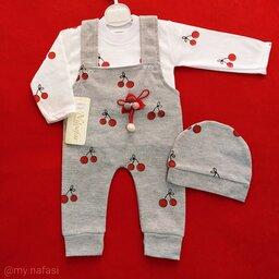 لباس نوزادی سه تیکه طرح آلبالو ( مناسب بدو تولد و بیمارستان تا حدود 1 الی2 ماهگی)
