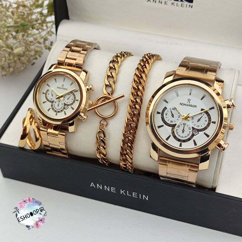 ساعت زنانه و مردانه ست طلایی با دستبند و انگشتر برند رومانسون و ارسال رایگان