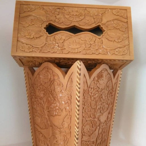 سطل و جعبه دستمال منبت دستساز با چوب درخت گلابی