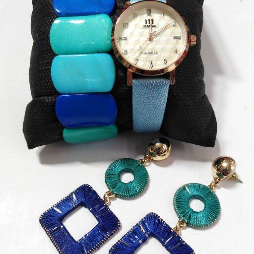 ست ساعت، دستبند وگوشواره آبی، کاری شیک وزیبا، مناسب برای هدیه به عزیزانتان