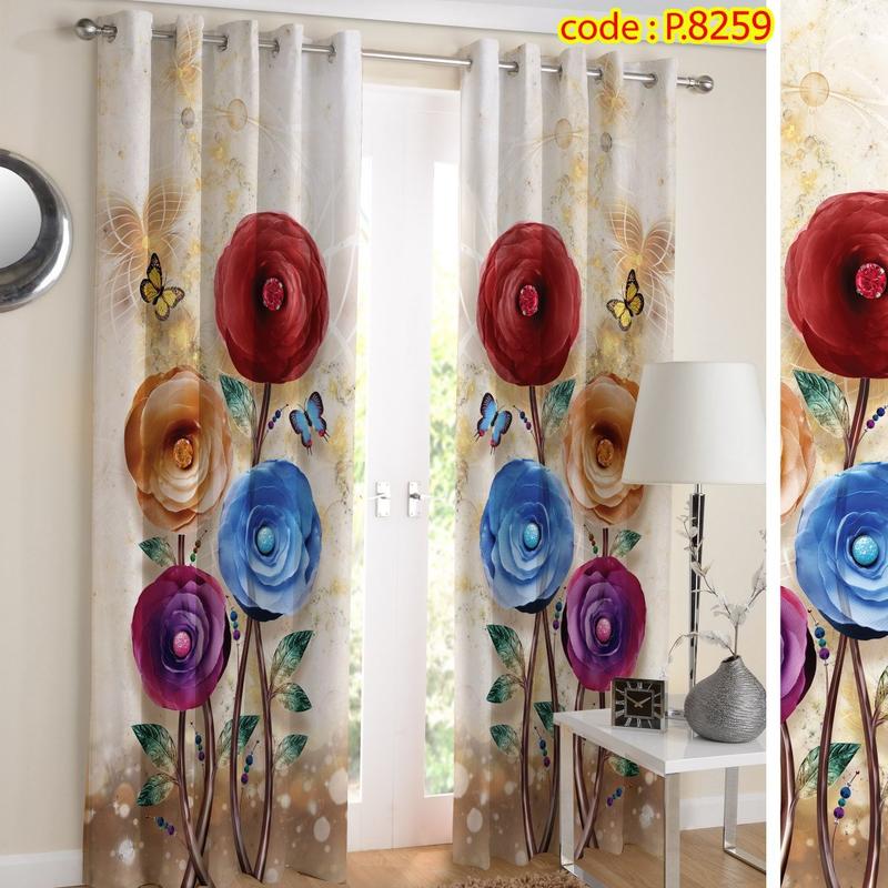 پرده پذیرایی دو قواره پانچ گلدار طرح گل های مصنوعی رنگی کد P8259