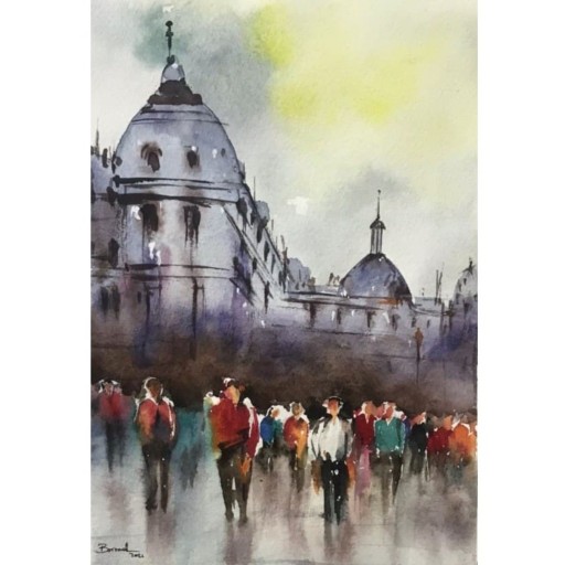 نقاشی آبرنگ شهر بارانی