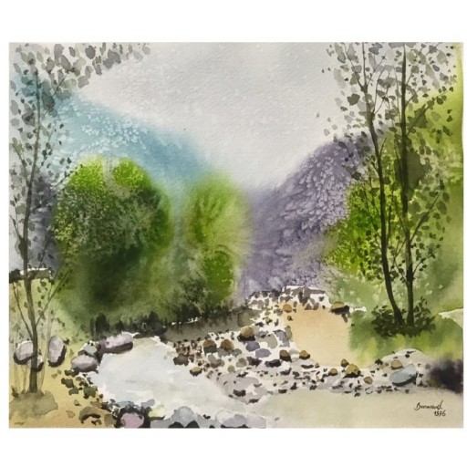 نقاشی آبرنگ منظره و رود