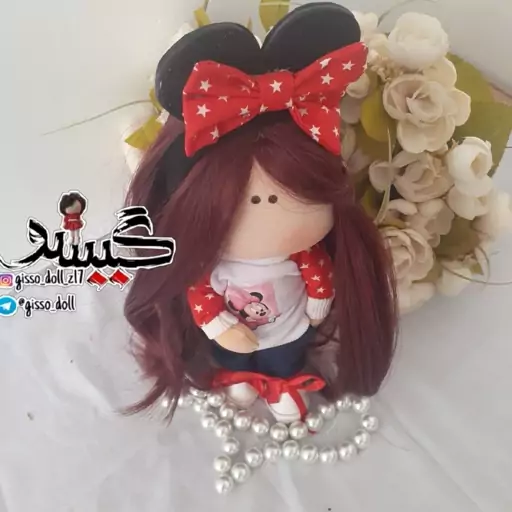 عروسک روسی گیسو طرح شراره.100گرم وزن 35سانت قد .رنگ لباس سفید وقرمز ترکیبی شلوار لی. موهایی شرابی رنگ مناسب کادویی