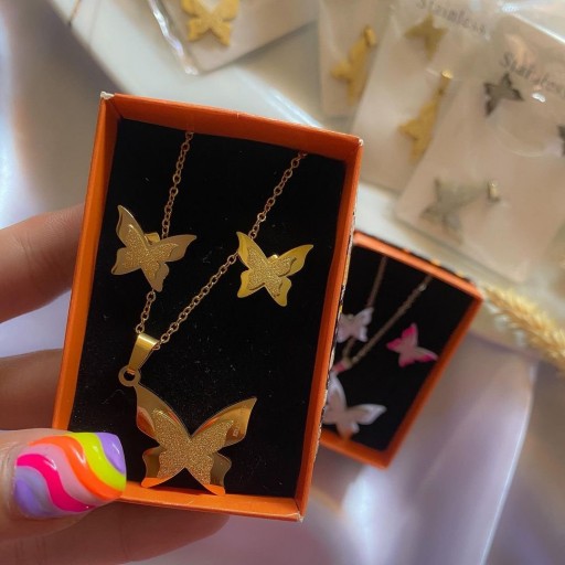نیم ست پروانه ای استیل در دو رنگ طلایی و نقره ای و همراه با جعبه