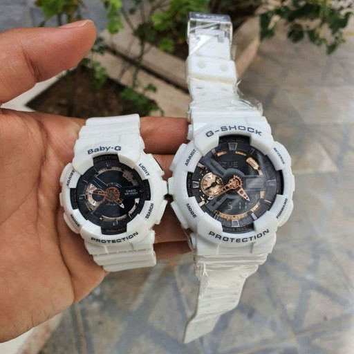 ست ساعت زنانه و مردانه کاسیو جی شاک اسپرت بند رزین سفید صفحه مشکی طرح چرخ دنده Casio G-shock