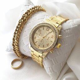  ست ساعت ودستبند زنانه به همراه دستبند کارتیر رنگ ثابت طرح طلا و انگشتر