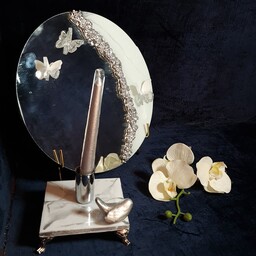 آینه و شمعدان با تزئین رزینی سفید نقره ای 