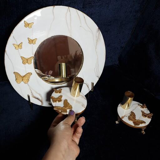 آینه و شمعدان طرح سنگی با تزئین پروانه 