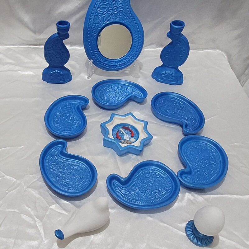 هفتسین سنتی طرح ترمه با آینه و شمعدان  آبی رنگ