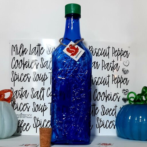 بطری آبی خورشیدی3لیتر با درب چوب پنبه طرح هخامنشی دست ساز تولید شده با بلور آبی کبالتی