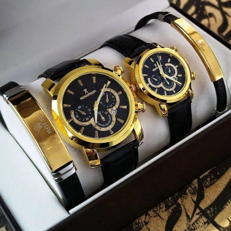 ساعت و دستبند چرمی ست زنانه مردانه برند رومانسون کیفیت مرغوب و بسیار زیبا