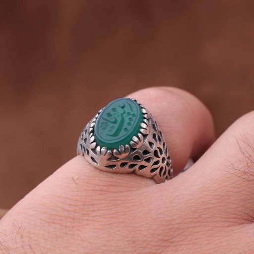 انگشتر عقیق سبز رکاب زیبای نقش یازینب اصل ( انگشتر نقره مردانه )
