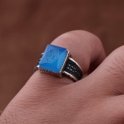 انگشتر عقیق آبی نقش یارقیه رکاب مارکازیت دار اصل ( انگشتر مردانه )