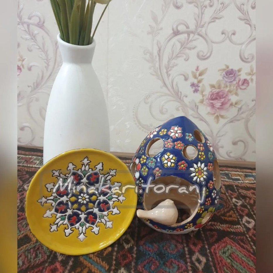 جاشمعی گنبدی پرنده دار همراه نعلبکی سفالی میناکارب