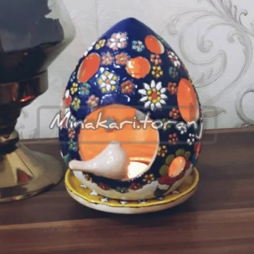 جاشمعی گنبدی پرنده دار همراه نعلبکی سفالی میناکارب
