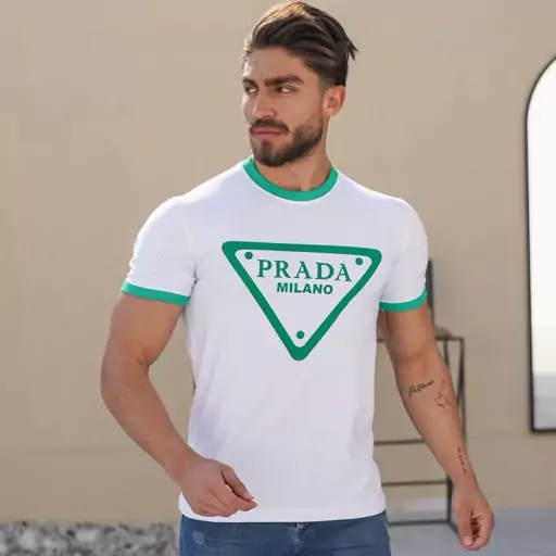 تیشرت مردانه استین و یقه کش چاپ برند prada بهترین نوع چاپ 