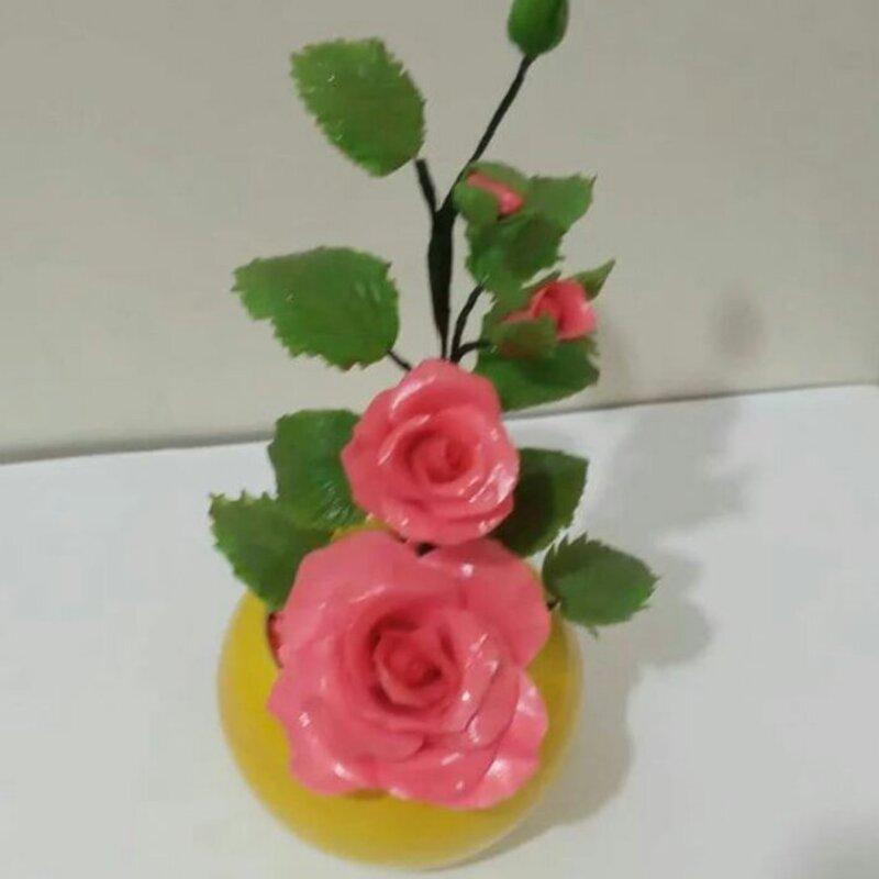 گلدان گل رز  با خمیر انعطاف قابل شستشو دکوری و تزیئنی 