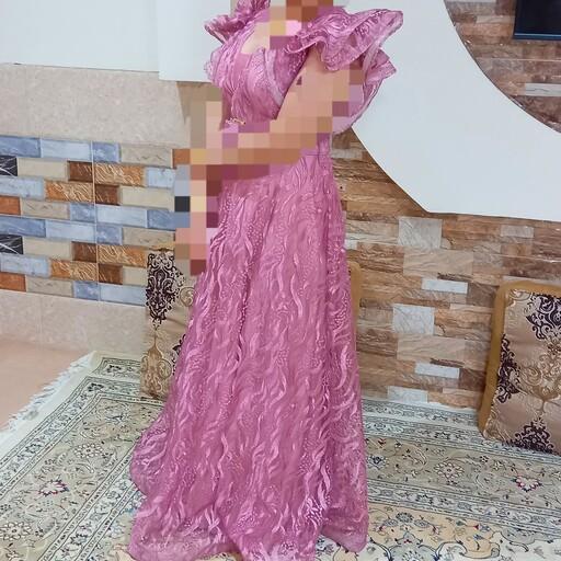 لباس مجلسی گیپور گل برجسته بلند سایز 42-40 رنگ صورتی اکلیلی