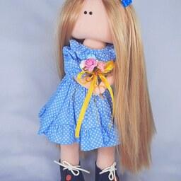 عروسک روسی دختر با لباس دام آبی و موهای  روشن کاملا دست دوز