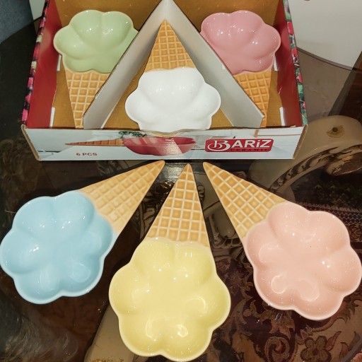 بستنی خوری حصیری سرامیکی رنگی بستنی قیفی6 تایی