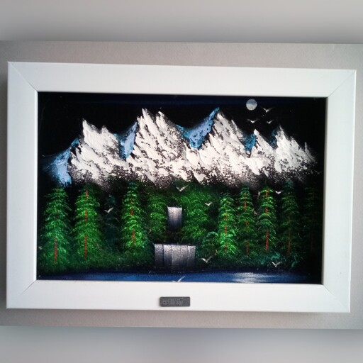 تابلو نقاشی منظره زمستانی کوه و جنگل مخمل اکرولیک