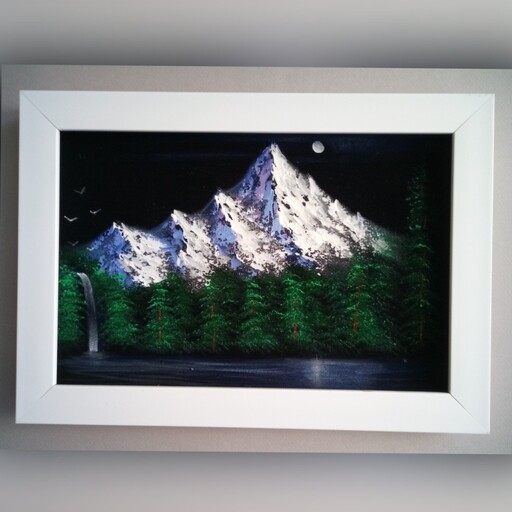 منظره کوهستانی نقاشی اکرلیک بر روی مخمل جیر مشکی