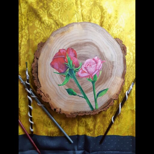  دیوارکوب سفالی دیوارکوب چوبی تک طرح گل رز نقاشی روی چوب  تزیینی