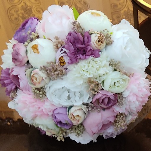 دسته گل مصنوعی عروس ترکیبی بنفش شیری، مناسب عقد،عروسی و ساقدوش عروس،همراه گل داماد و ارسال رایگان