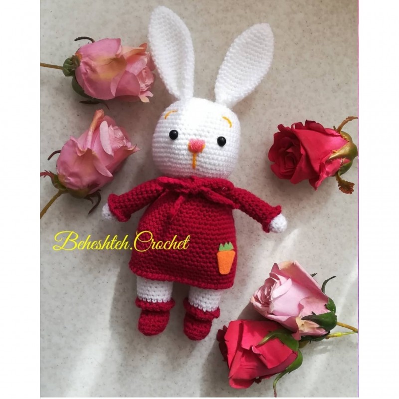 عروسک بافتنی خرگوش با نخ با کیفیت ایرانی چشم واشر دار