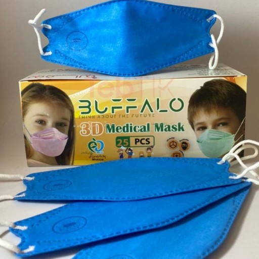 ماسک کودک سه بعدی بوفالو اصلی 4لایه KF94 رنگ آبی  25عددی با ملت‌بلون ضخیم