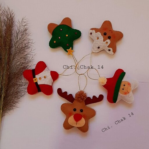 آویز نمدی کریسمس ستاره پنج تایی(بابانوئل، درخت کاج، گوزن، بیسکویت، لباس بابانوئل) چیچک 14 