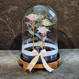 باکس گل کادویی با سه شاخه رز مصنوعی کریستالی و ریسه مهتابی 