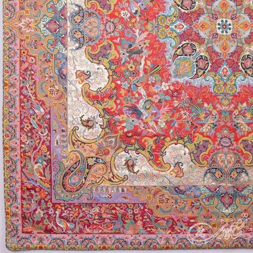 رومیزی ترمه ابریشمی طرح ارم ممتاز سالاری یزد ـ مربع یک متر (بغچه) ـ قرمز تارسفید