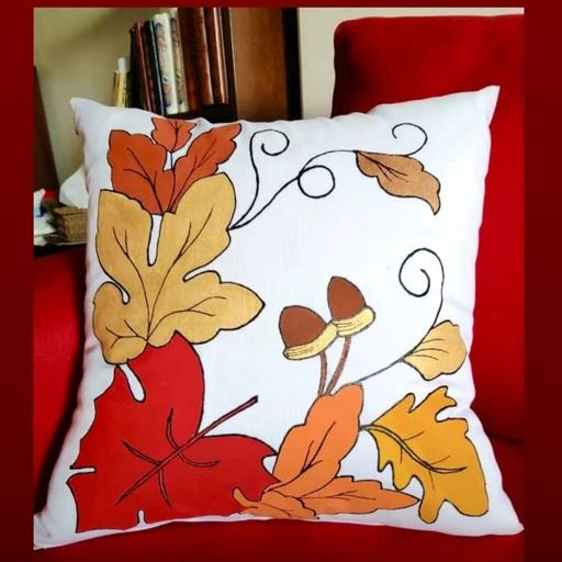 کوسن کار دست طرح پاییزی، نقاشی شده با رنگ مخصوص پارچه