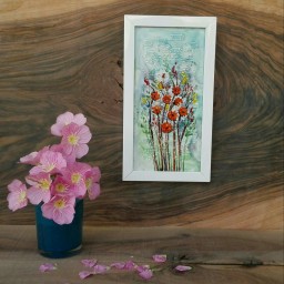 تابلو تلفیقی کاشی و شیشه ی دستساز گل‌های صحرا(نارنجی) با قاب سفید از مجموعه بهاری زندگی کن محصولات هنری آمینا