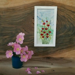 تابلو تلفیقی کاشی و شیشه ی دستساز گل‌های شقایق با قاب سفید از مجموعه بهاری زندگی کن محصولات هنری آمینا