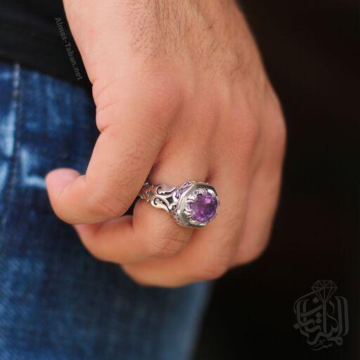 انگشتر نقره مردانه سنگ جواهری با تراش عالی آماتیست معدنی اصل 