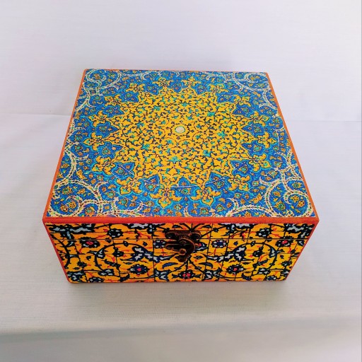 جعبه چوبی کادویی طرح کاشی کاری شمسه آبی