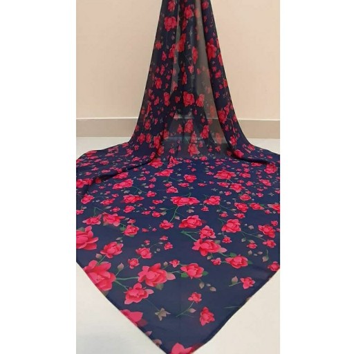 روسری حریر سفارشی  مجلسی درجه یک رنگ زمینه سورمه ای با گلهای صورتی سرخابی عرض120 قواره دار  همراه با هدیه