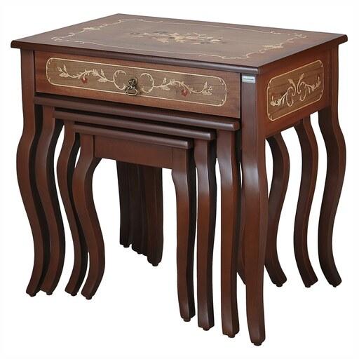 میز عسلی معرق چوبی  کشودار مدل کلاسیک TR 506 مجموعه 4 عددی( روکش چوبی بدون چاپ)