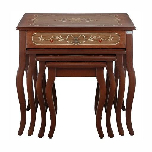 میز عسلی معرق چوبی  کشودار مدل کلاسیک TR 506 مجموعه 4 عددی( روکش چوبی بدون چاپ)