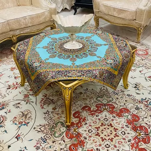 رومیزی ترمه طرح آوین(سایز 100x100)سبزآبی