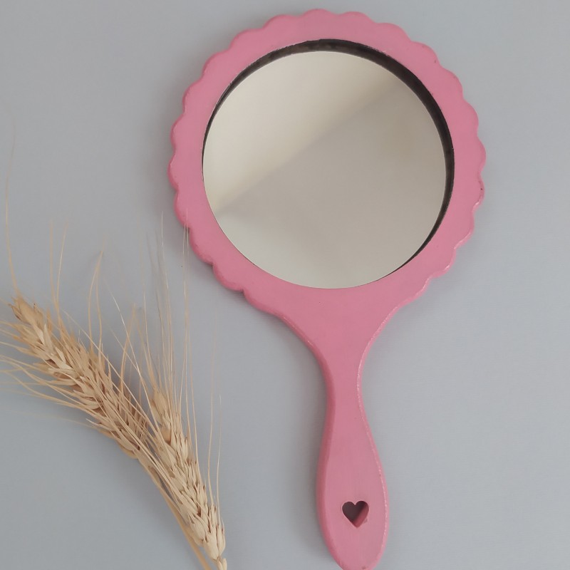 آینه دستی دالبری طرح عاشقانه رنگ صورتی چوبی