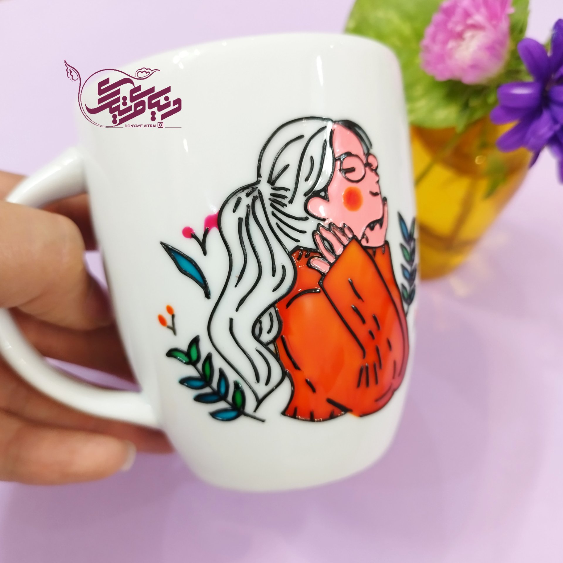 لیوان ویترای دختر نارنجی، ماگ چینی، نقاشی شده بصورت نقش برجسته و براق، مناسب برای چایی و شربت، ارسال رایگان