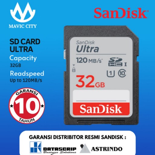 کارت حافظه (SD card) اورجینال برند Sandisk 32 گیگ حافظه و 120 مگابایت بر ثانیه سرعت و گارانتی مادام العمر 