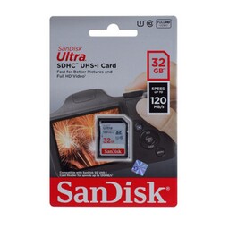 کارت حافظه (SD card) اورجینال برند Sandisk 32 گیگ حافظه و 120 مگابایت بر ثانیه سرعت و گارانتی مادام العمر 
