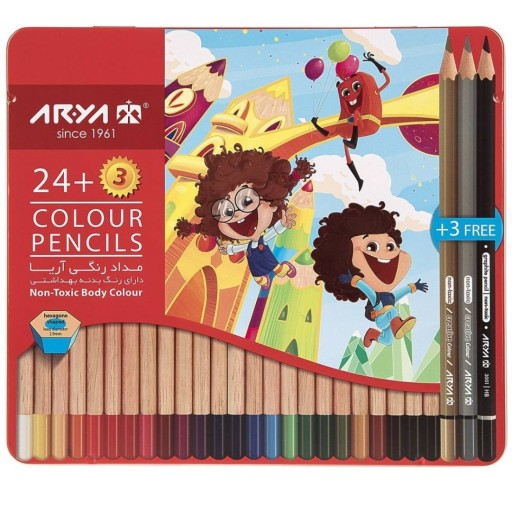 مداد رنگی جعبه فلزی 3+24 رنگ آریا