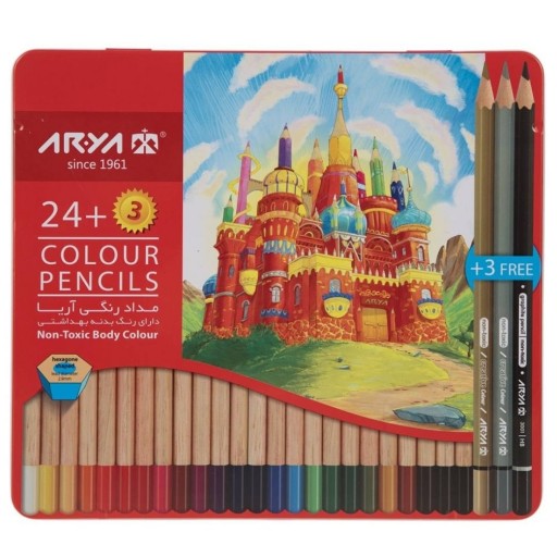 مداد رنگی جعبه فلزی 3+24 رنگ آریا