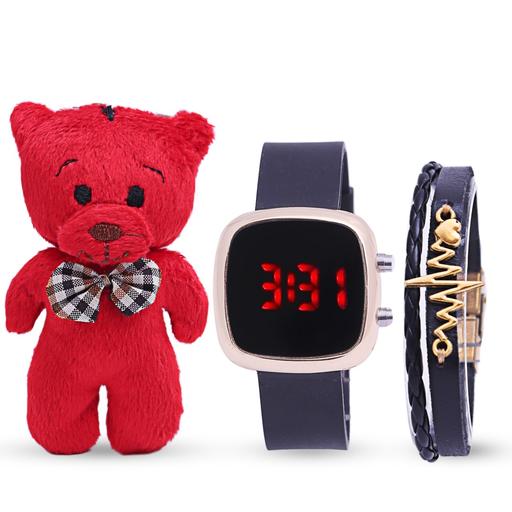 ساعت مچی ال ای دی طرح اپل واچ رنگ مشکی دارای تقویم عروسک خرسی و دستبند